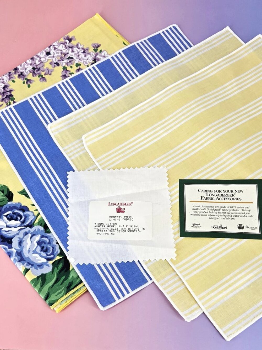 1990s NOS 4 Longaberger Draper Panel Fabric Remnants 12" & 24" 100% Cotton